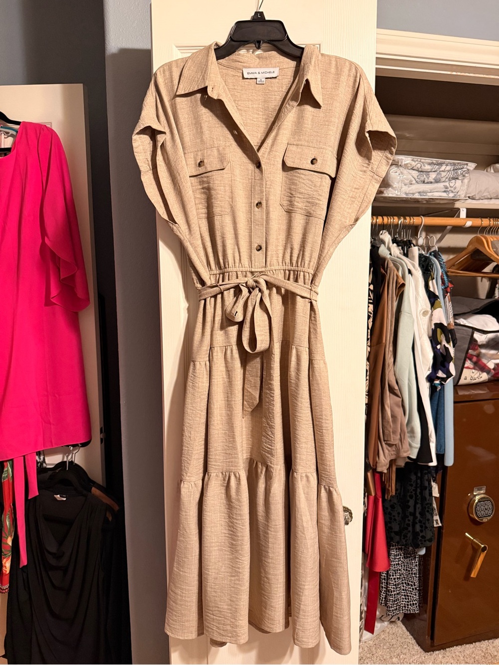 Emma & Michele Neutral Beige Tiered Tie-Waist Midi Dress